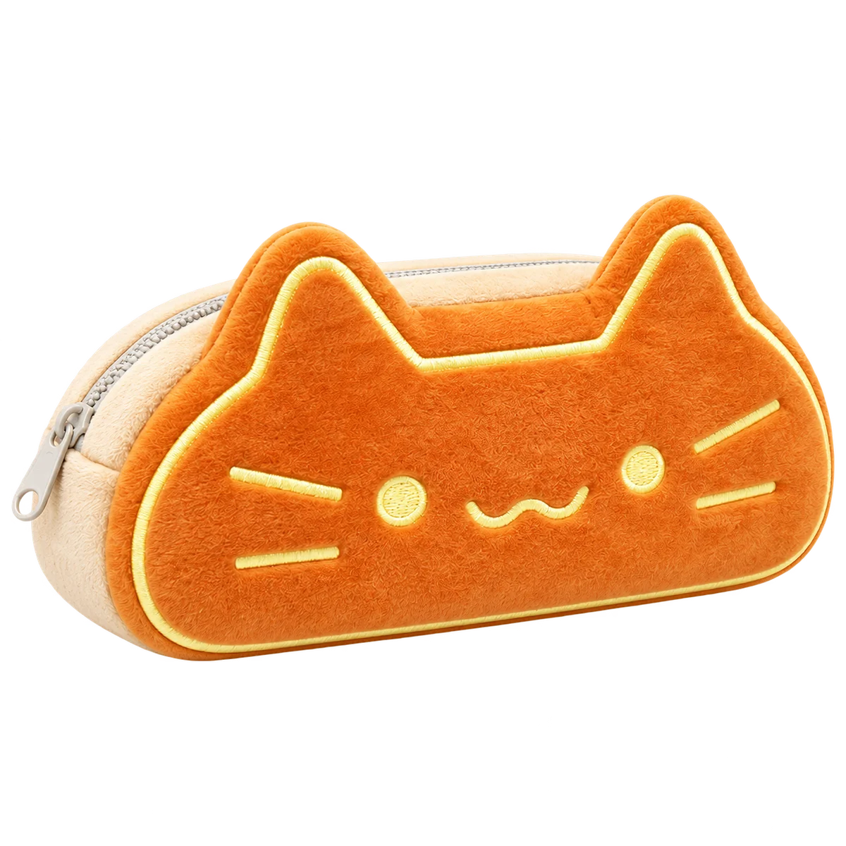 Estuche de peluche naranja con orejas de gato y bigotes bordados amarillos.