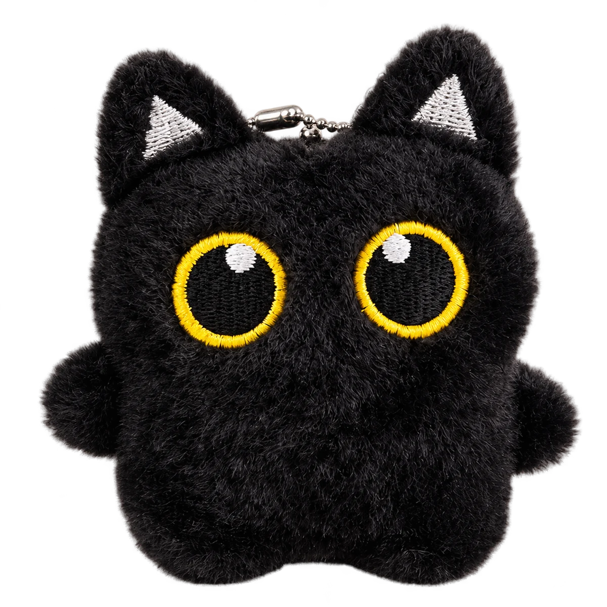 Llavero de peluche de gato negro con ojos amarillos bordados.