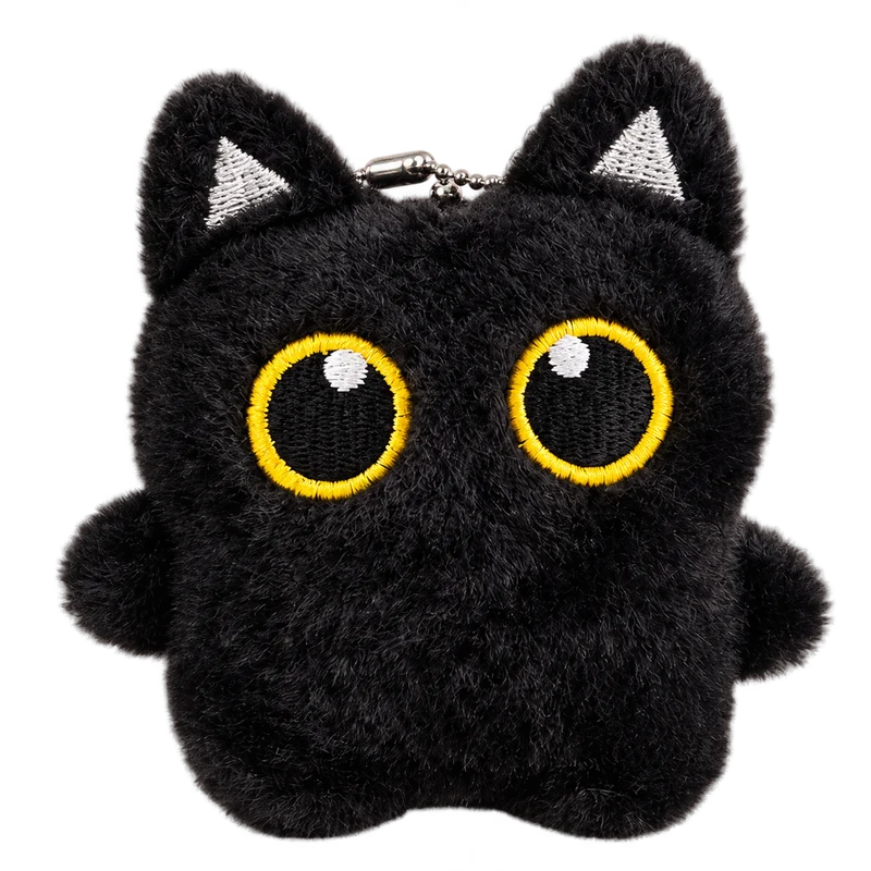 Llavero de peluche de gato negro con ojos amarillos bordados.