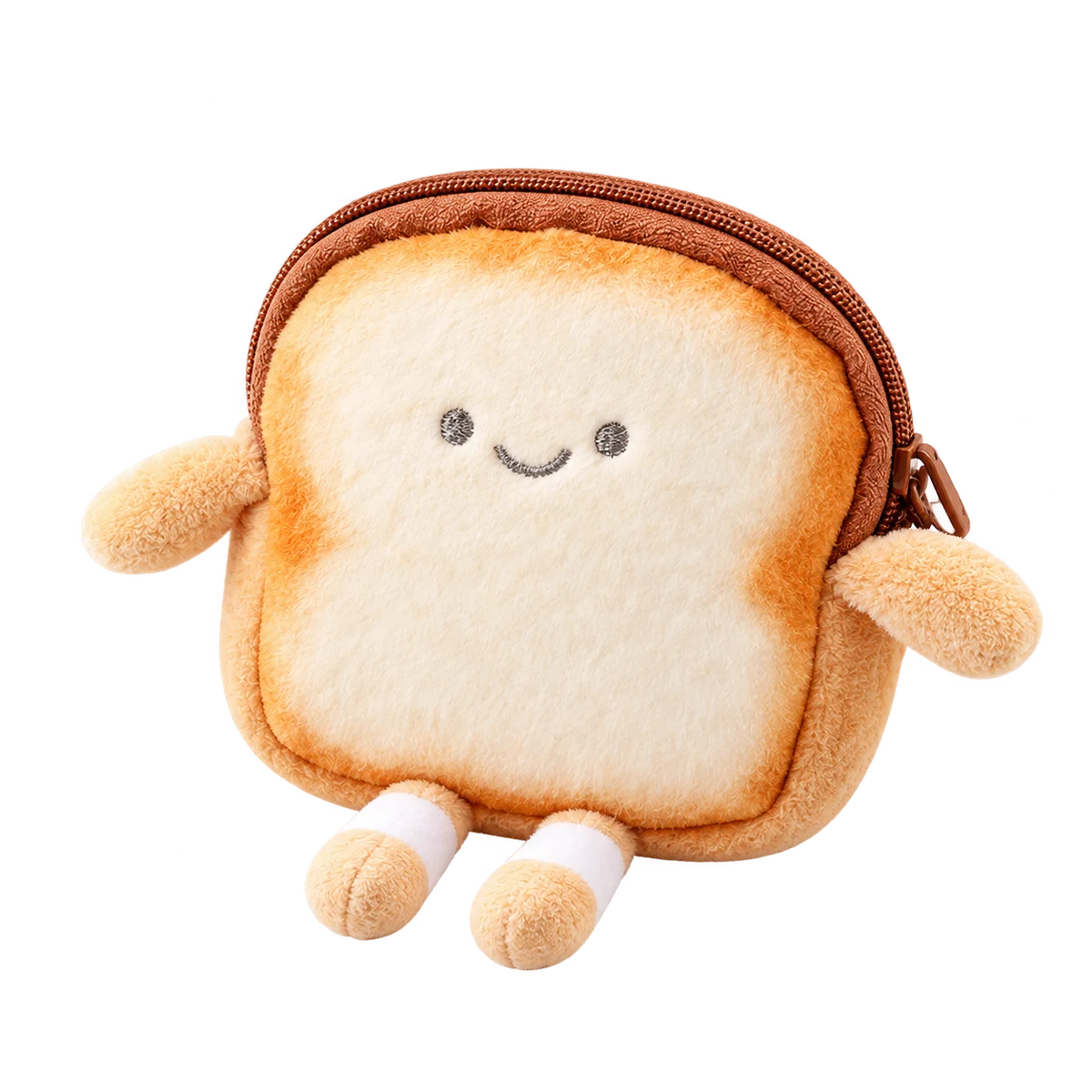 Monedero de peluche con forma de tostada, cara sonriente y cierre marrón.