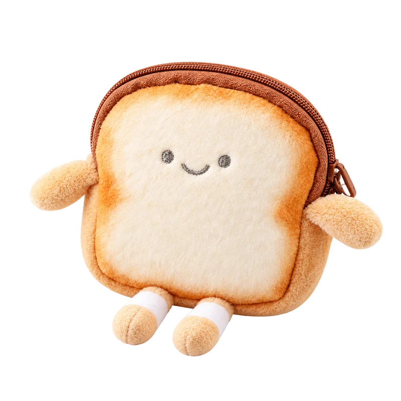Monedero de peluche con forma de tostada, cara sonriente y cierre marrón.